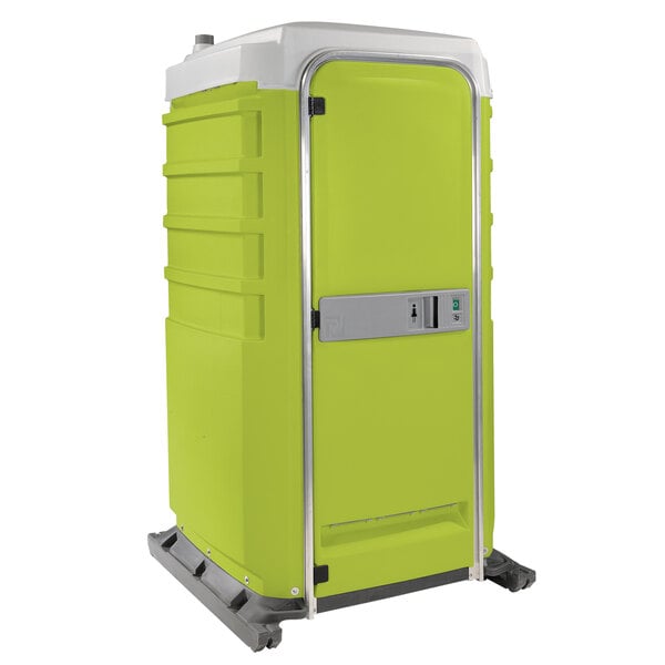 A lime green PolyJohn portable toilet.