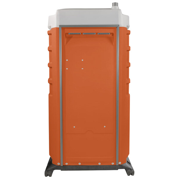 A PolyJohn portable restroom with a white and orange lid.