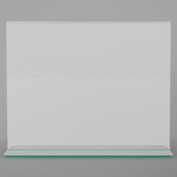 A white rectangular Deflecto displayette with a green border.
