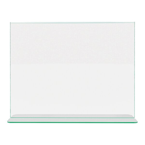 A clear, rectangular, double-sided acrylic sign holder with a green-tinted edge and a flat base.