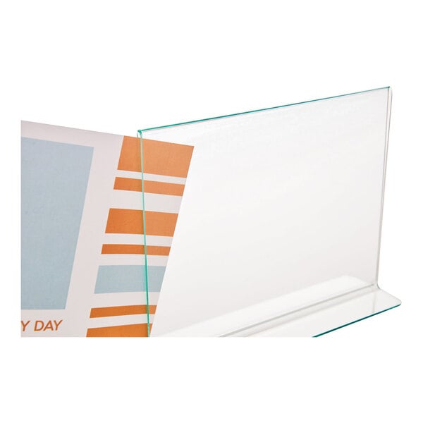 A clear, double-sided acrylic sign holder displaying a partially visible paper with colored stripes.