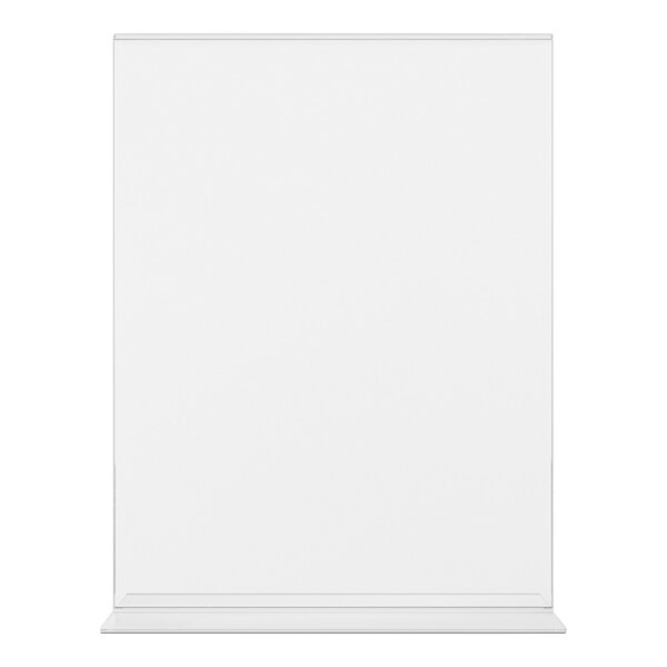 A clear, upright rectangular sign holder with a flat base, designed to display a single sheet of paper.