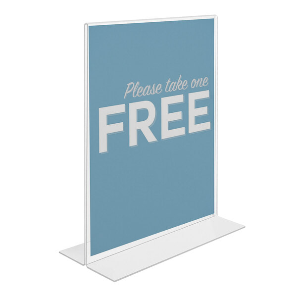 A clear, double-sided sign holder displaying a blue sign with the text 'Please take one FREE.'