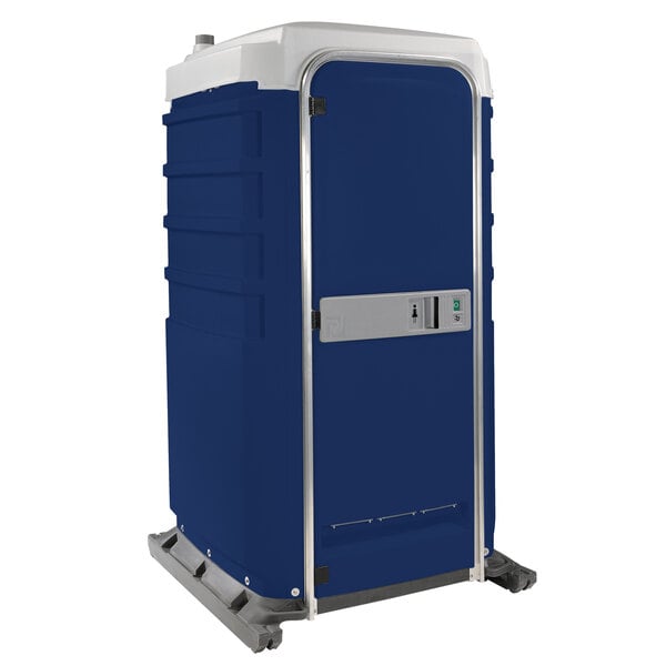 A blue and white PolyJohn portable toilet.