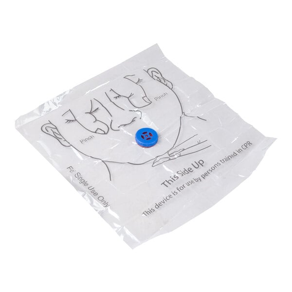 A transparent plastic CPR mask with a printed illustration of a face, instructions, and a blue one-way valve in the center.