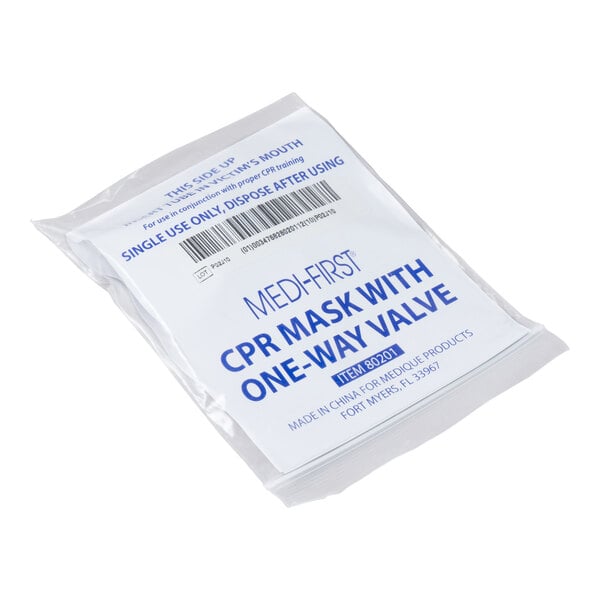 A sealed white packet labeled 'CPR Mask with One-Way Valve' from Medi-First, intended for single use.