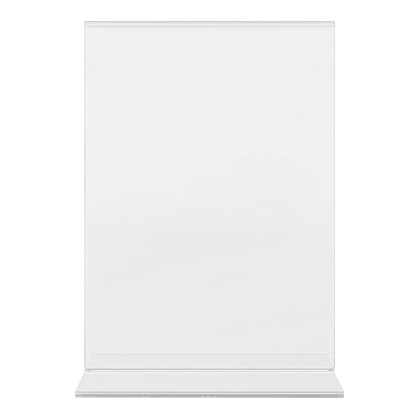 A clear, upright, rectangular acrylic sign holder with a flat base.
