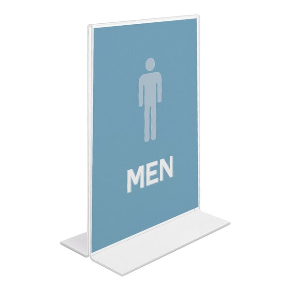 A freestanding double-sided sign holder displaying a blue sign with a male figure icon and the word 'MEN' in white text.