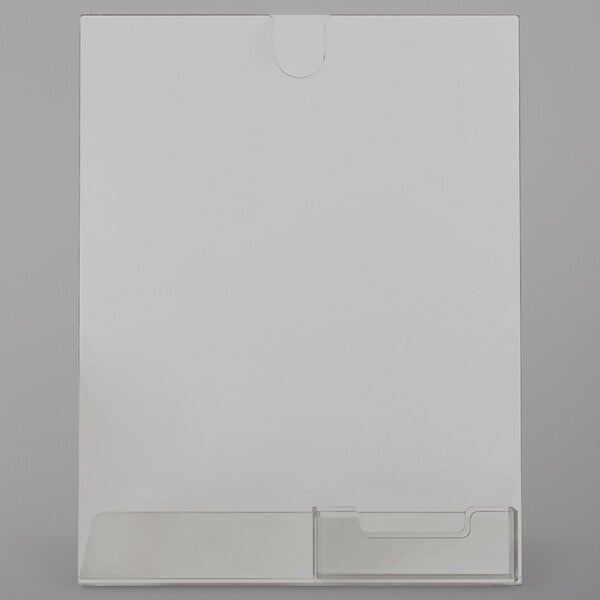 A white rectangular Deflecto clear slanted sign holder with a clear displayette and business card pocket.