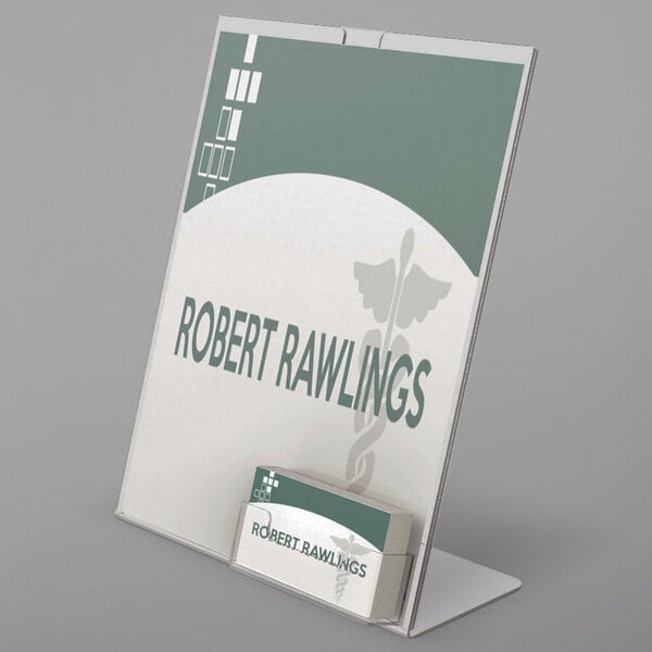A Deflecto clear slanted sign holder with business card pocket.