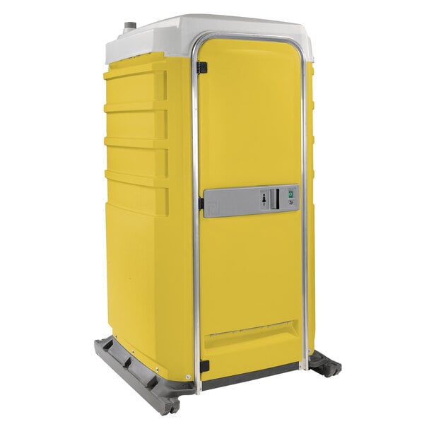 A yellow and white PolyJohn portable toilet on wheels.