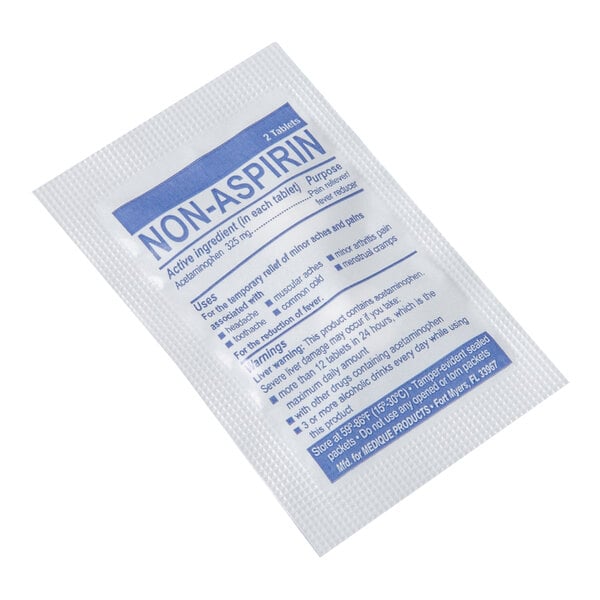 A small white packet labeled 'Non-Aspirin' containing acetaminophen tablets for pain relief.