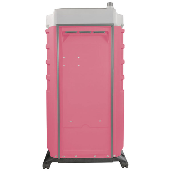 A pink and white PolyJohn portable toilet with silver metal accents.