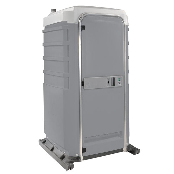 A PolyJohn grey portable toilet with wheels.