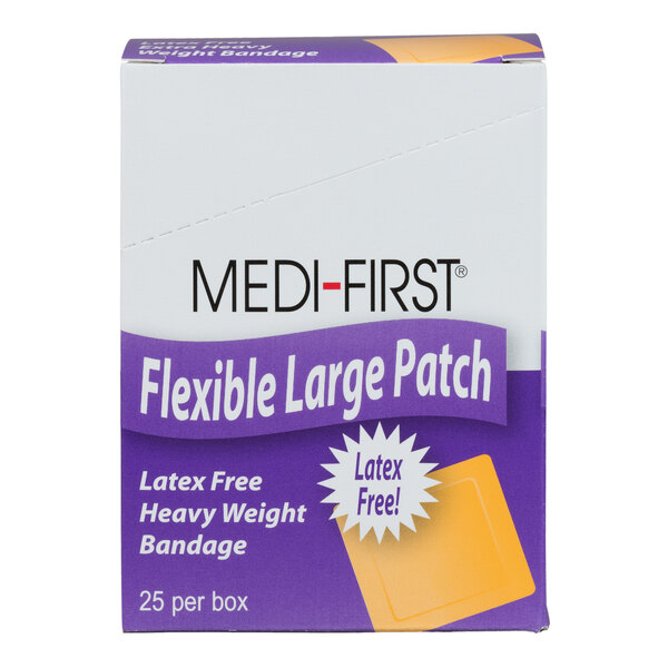 A white Medi-First box with purple text containing a yellow Medi-First woven adhesive bandage patch.