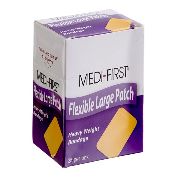 A box of Medi-First flexible large patch heavy weight bandages, containing 25 woven adhesive bandages measuring 2 by 3 inches.