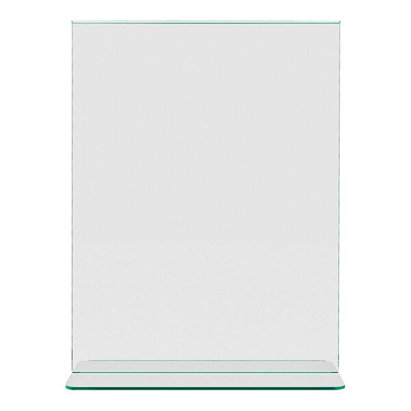 A clear, upright rectangular sign holder with a green-tinted edge and a flat base.