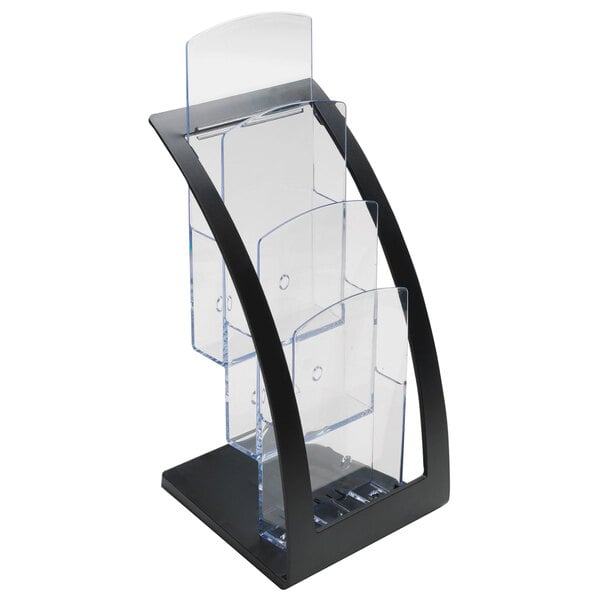a clear plastic holder with black metal frame