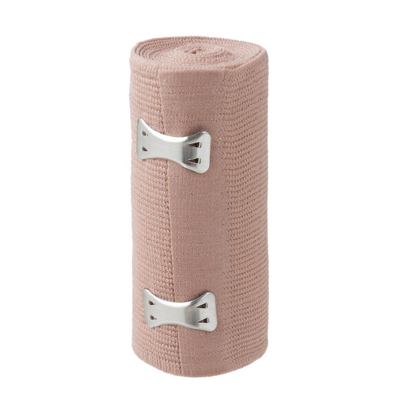A roll of Medi-First pink elastic bandage with metal clips.