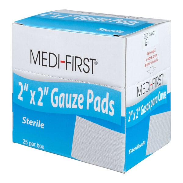 A box of 25 Medi-First sterile 2x2 gauze pads.