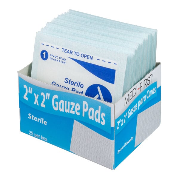 A box of 25 Medi-First sterile gauze pads.