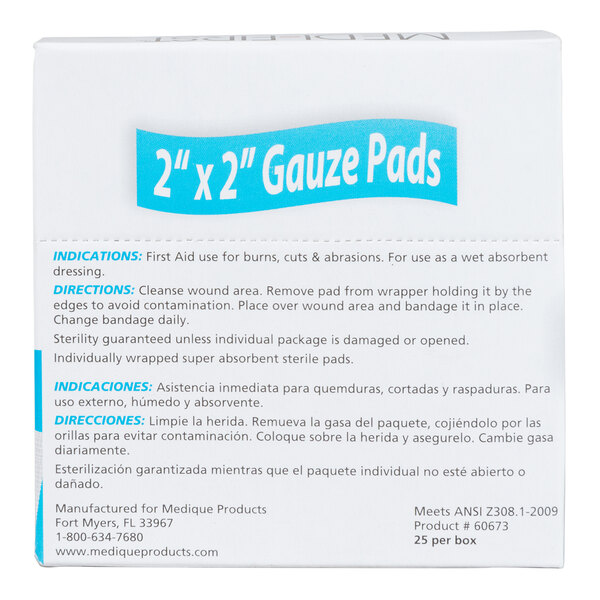 A white box of Medi-First sterile 2x2 gauze pads with blue text.