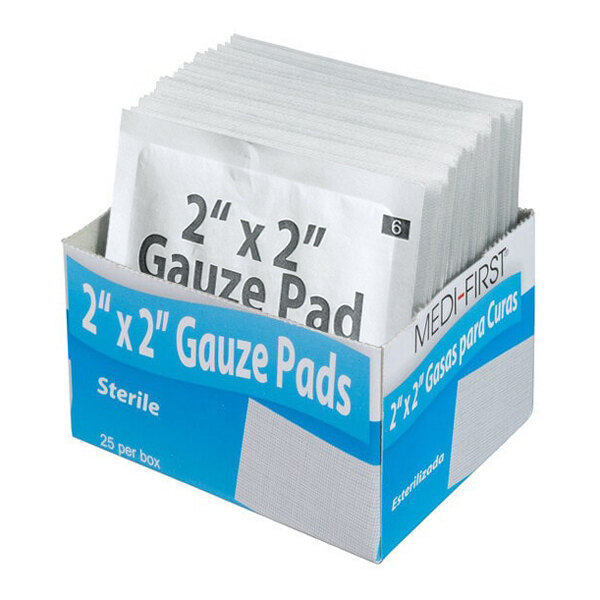 A box of 2 inch by 2 inch sterile gauze pads containing 25 individually wrapped pads.