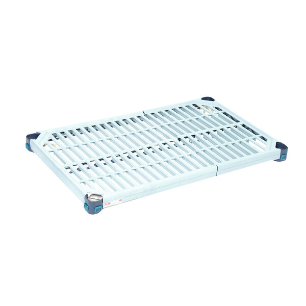A white plastic MetroMax Q shelf with black metal bars.