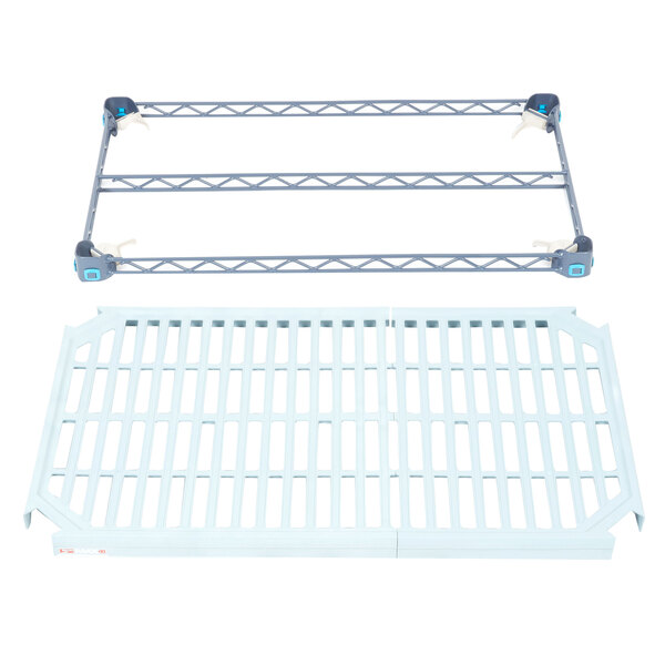 A white MetroMax Q shelf with blue metal bars.