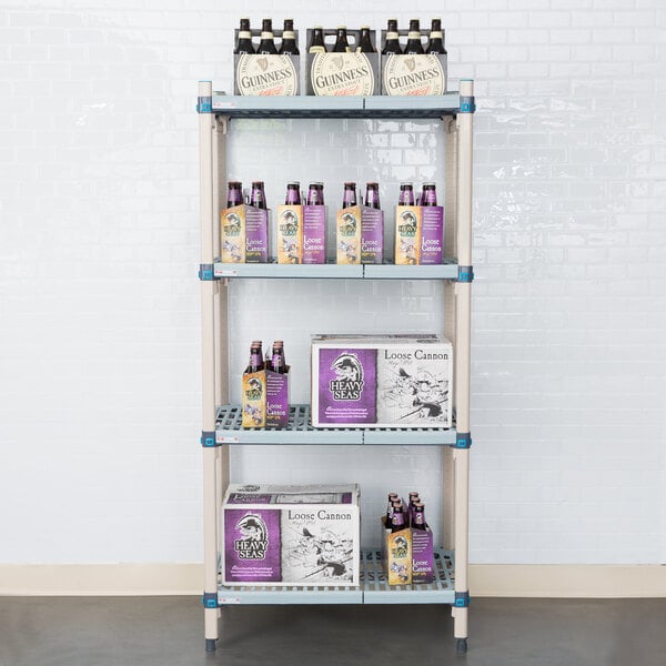A MetroMax Q shelf with boxes and bottles on it.