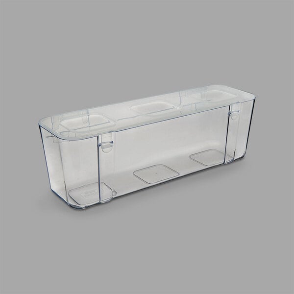 A clear plastic Deflecto stackable caddy organizer with four compartments.