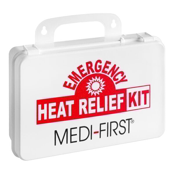 A white plastic emergency heat relief kit case labeled 'Medi-First' with a carrying handle.