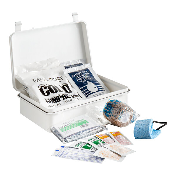 A heat relief kit containing various first aid and emergency supplies in a white plastic case.