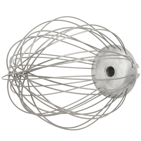 A Hobart Legacy wire whip with a metal handle.