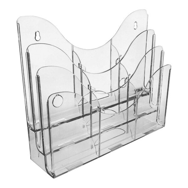 A clear, tiered organizer with nine compartments and removable dividers, designed for holding documents or papers.