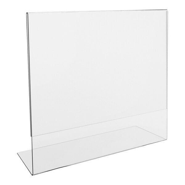 A clear, slanted acrylic sign holder with a wide base, designed to display landscape-oriented signs or documents.