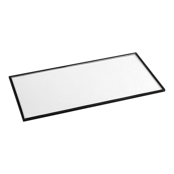 A rectangular glass panel with a thin black frame, viewed at an angle against a white background.