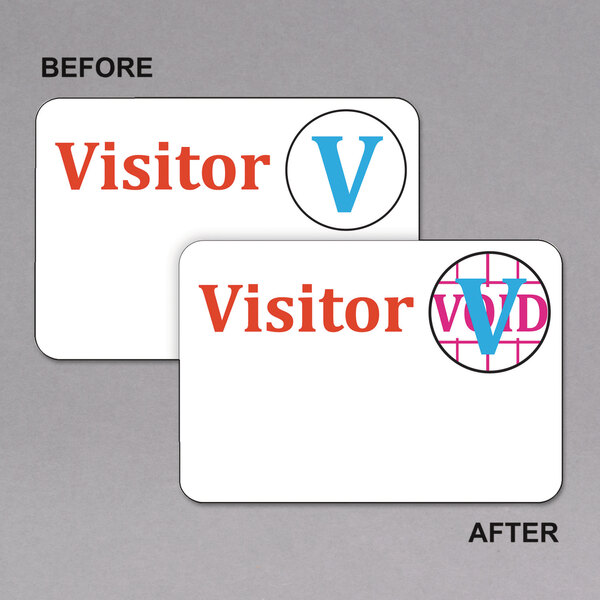 Two white self-expiring visitor badges with red text and a red circle.