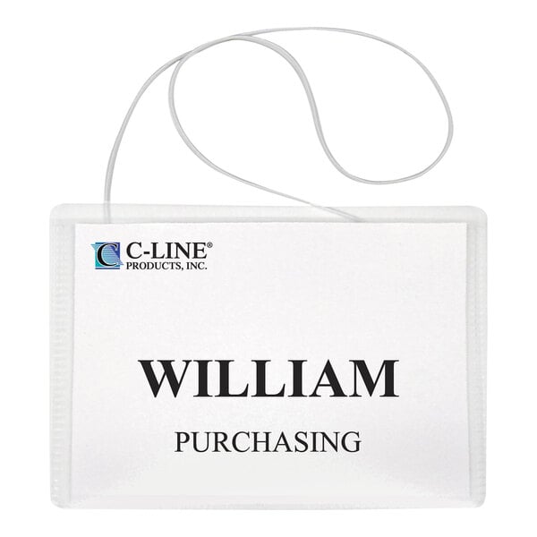 A clear plastic name badge holder with an elastic cord, displaying an insert labeled 'WILLIAM PURCHASING' and a company logo in the top left corner.