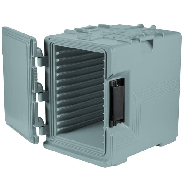 A grey plastic box with an open door.