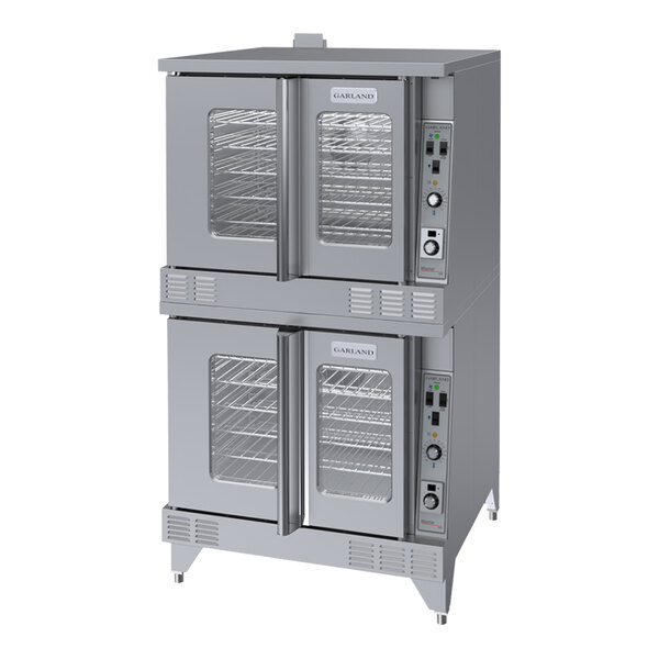 A white Garland commercial double convection oven with doors open.