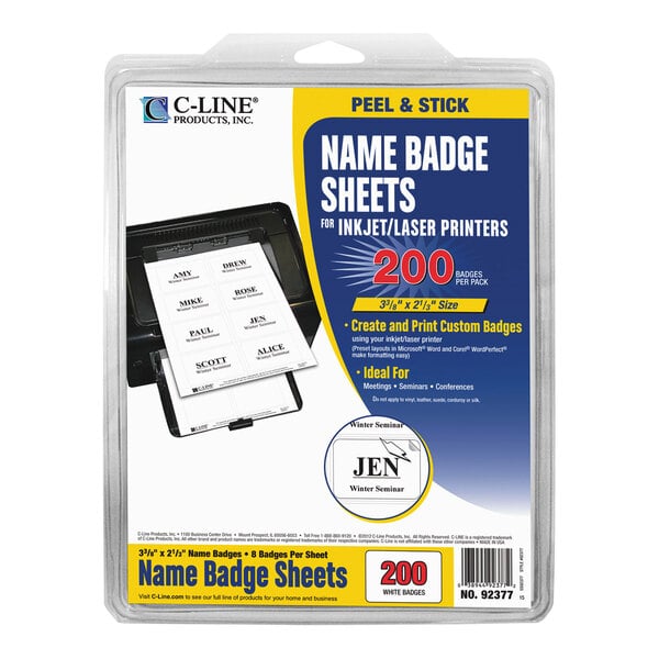 A package of C-Line white printable adhesive name badge sheets for inkjet/laser printers, containing 200 badges.