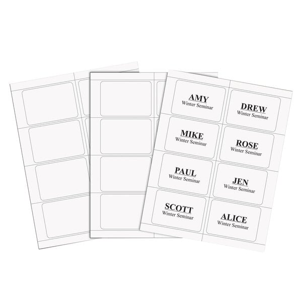 Three sheets of rectangular white adhesive name badges, with one sheet displaying printed names and 'Winter Seminar' text on each badge.