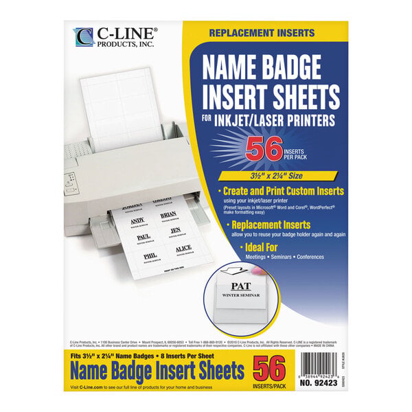 C-Line Products 92423 3 1/2" x 2 1/4" White Printable Name Badge Inserts - 56/Pack