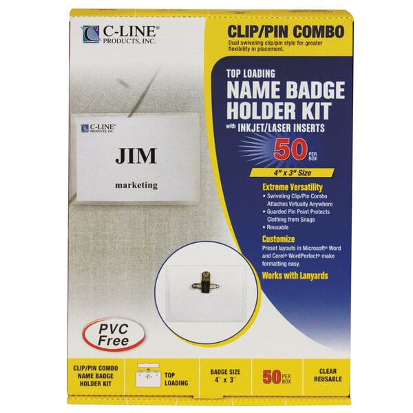 A box of C-Line clear top load clip-on/pin name badge holder kit with inserts.