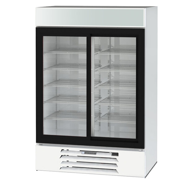 A white Beverage-Air MarketMax glass door refrigerator with two shelves.