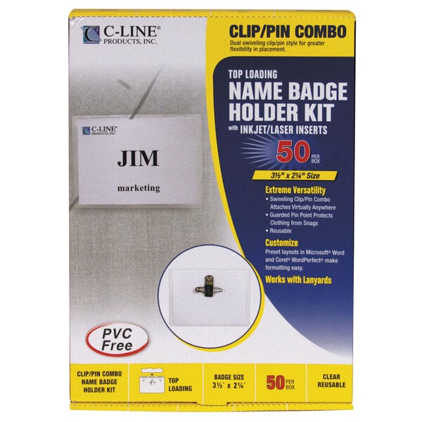 A box of C-Line clear name badge holder kit with inserts.