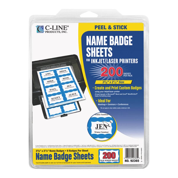 C-Line Products 92365 3 3/8" x 2 1/3" White Printable Adhesive Name Badge with Blue Border - 200/Pack