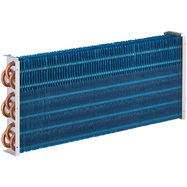 An Avantco evaporator coil with blue aluminum fins and copper pipes.