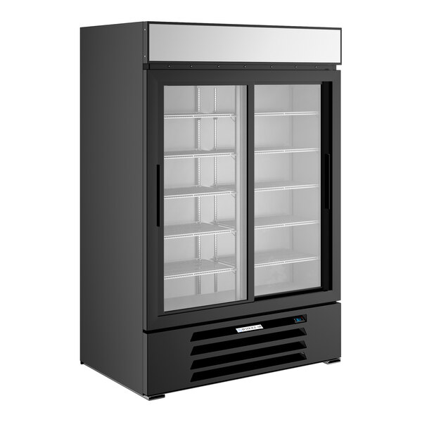 A black two-section glass door merchandiser refrigerator with multiple shelves and a bottom vent.